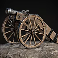 Antique Cannon Weapon With Wooden Wheels On Stone Platform 3d model