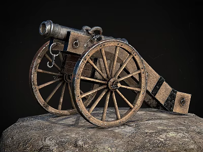 Antique Cannon Weapon With Wooden Wheels On Stone Platform 3d model