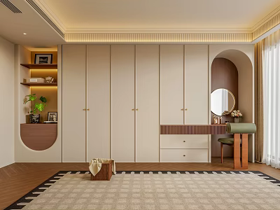 Elegant Modern Integrated Wardrobe Interior With Dressing Table Round Mirror Wooden Floor And Decorative Shelf 3d model