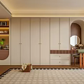 Elegant Modern Integrated Wardrobe Interior With Dressing Table Round Mirror Wooden Floor And Decorative Shelf