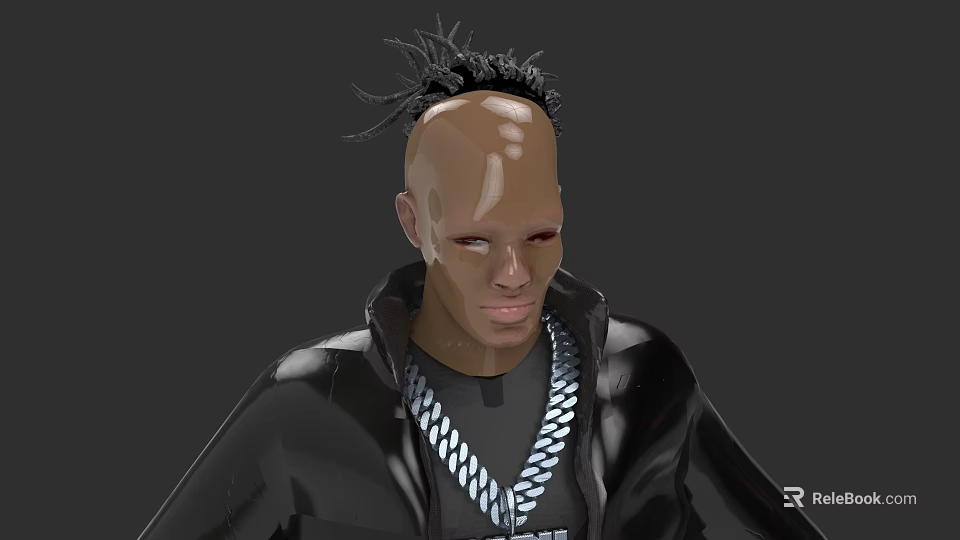 Man With Shaved Head Spiky Hair Black Jacket And Red Eyes Gray Background 3d model 