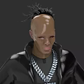 Man With Shaved Head Spiky Hair Black Jacket And Red Eyes Gray Background