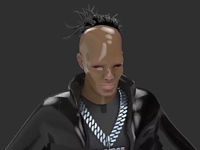 Man With Shaved Head Spiky Hair Black Jacket And Red Eyes Gray Background 3d model