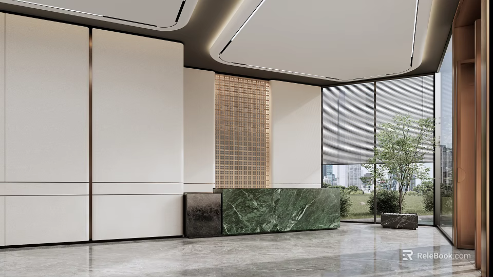 Modern Hotel Lobby Interior With White Walls Golden Lattice And Green Marble Reception Desk 3d model 