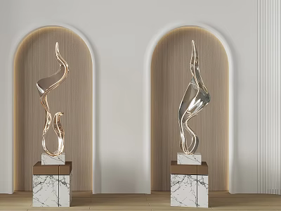 Illuminated Modern Sculptures With Marble Bases And Arched Background Walls In Elegant Design 3d model