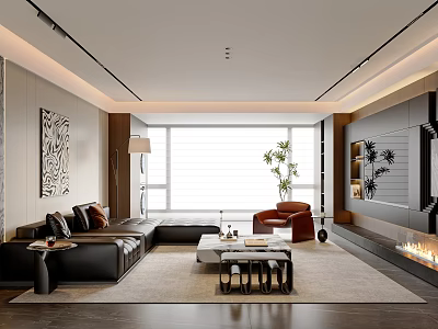 Modern Living Room Interior Design With Black Sofa Red Armchair Large Window And Fireplace 3d model