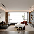Modern Living Room Interior Design With Black Sofa Red Armchair Large Window And Fireplace
