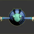 Anime Style Game Movie Character With Green Twin Buns Red Eyes And Blue Butterfly Dress