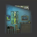 Blue Room Interior With Wooden Bed Table Chairs Window Wall Paintings And Wooden Floor