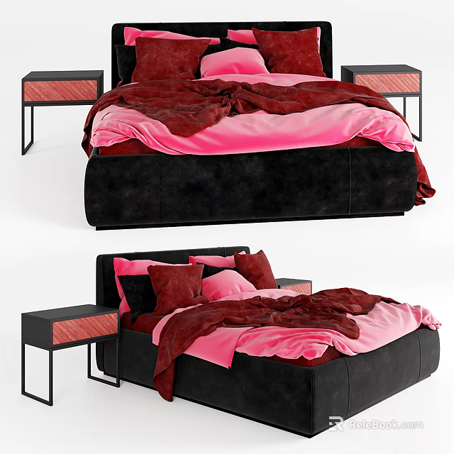 Black Double Bed With Red Pink Bedding And Two Side Nightstands 3d model