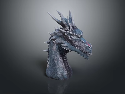 Detailed Dragon Head Sculpture With Spiked Horns And Gray Textured Surface Design 3d model