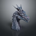 Detailed Dragon Head Sculpture With Spiked Horns And Gray Textured Surface Design