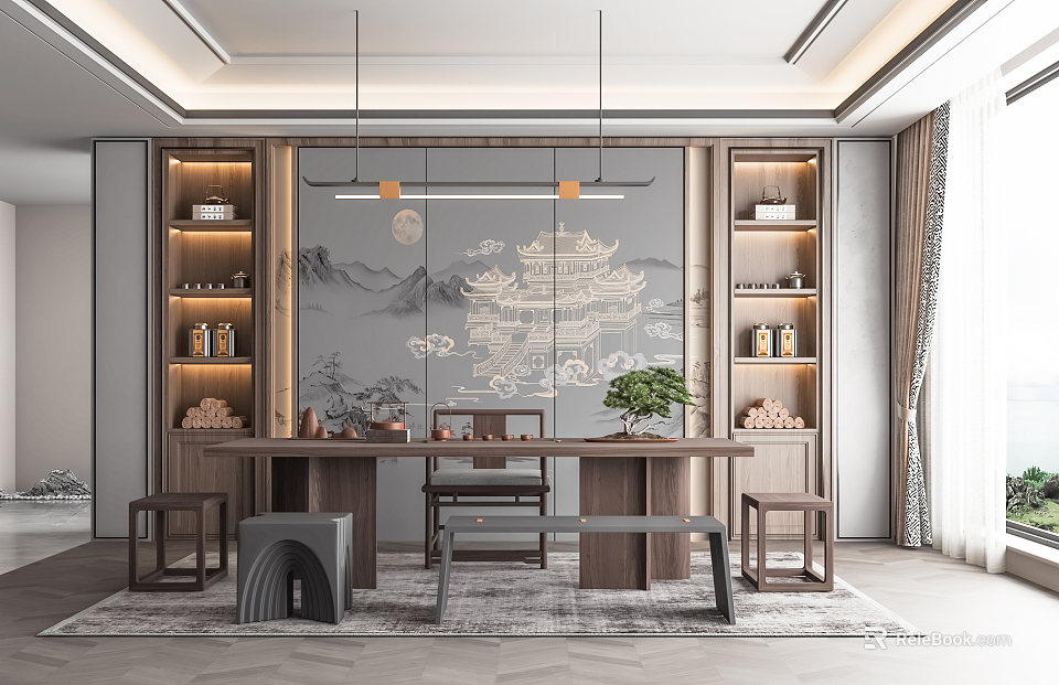 Traditional Chinese Tea Room With Decorative Wall Wooden Shelves Tea Table And Green Plant 3d model 