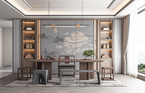 New Chinese Style Tea Room Zen Style Tea Room Study Tea Table and Chair Tea Cabinet Storage Rack Decorative Cabinet Background Wall 3d model