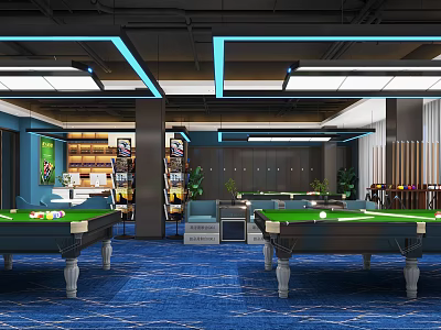 Spacious Well Lit Billiard Room Interior Featuring Multiple Tables Blue Lighting And Blue Carpet Floor 3d model