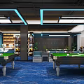 Spacious Well Lit Billiard Room Interior Featuring Multiple Tables Blue Lighting And Blue Carpet Floor