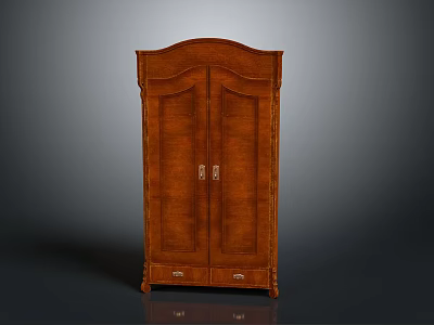Brown Wooden Double Door Wardrobe With Arched Top And Bottom Drawers 3d model