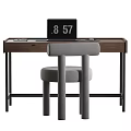 Wooden Office Desk With Laptop Phone Notebook Pen Black Metal Legs And Grey Padded Chair