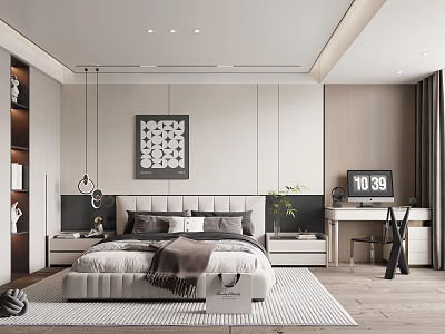 Modern Bedroom Interior Design With Bed Wall Art Hanging Lamps Rug Bedside Tables And Plant 3d model
