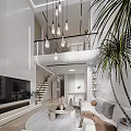 Modern Duplex Living Room Interior With High Ceiling Pendant Lights And Large Windows