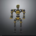 Yellow And Black Mechanical Robot Character In Standing Pose With Green Accents And Joint Details