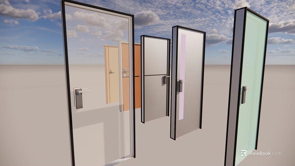 Modern Hinged Doors With Glass Panels And Metal Frames In Various Colors 3d model 