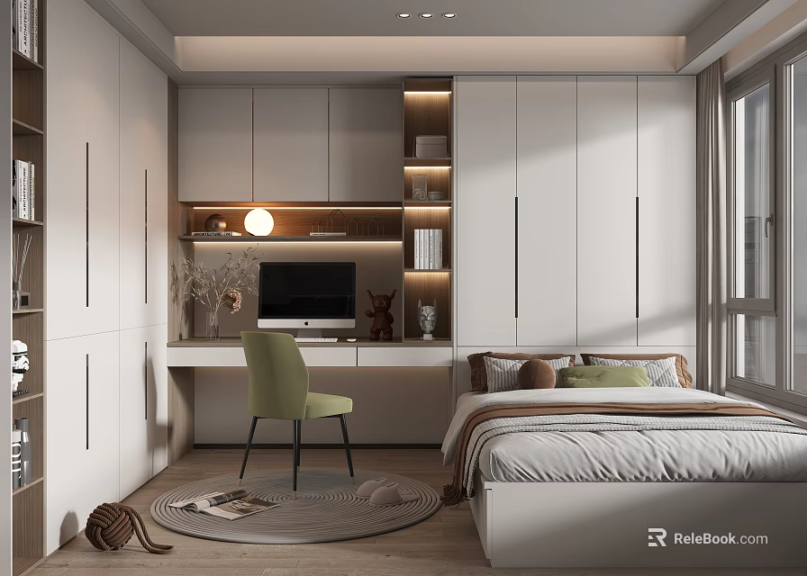 Modern Tatami Bedroom Interior Design With Bed Desk Chair And Bookshelf 3d model 