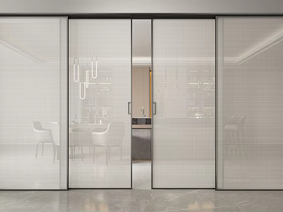 Modern Glass Sliding Doors in Bright Interior with Dining Table and Chairs 3d model