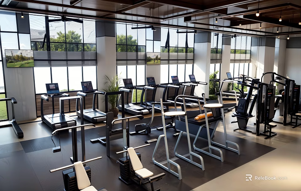 Modern Fitness Gym With Treadmills Weight Machines And Large Windows Bright Workout Space 3d model 