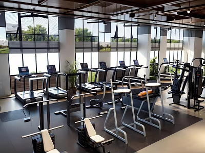 Modern Fitness Gym With Treadmills Weight Machines And Large Windows Bright Workout Space 3d model