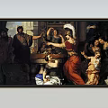 Classical Oil Painting Artwork With Multiple Historical Figures In Ancient Attire And Architectural Background