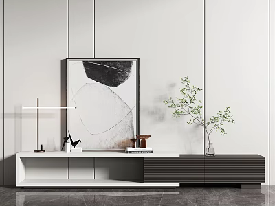 Sleek Modern TV Stand with White Dark Gray Drawers Open Shelves Lamp and Potted Plant 3d model