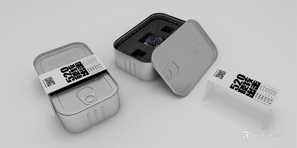 Decorative Ornament Set with Silver Metal Boxes Open Case Black Foam and QR Code Label 3d model