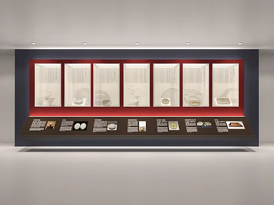 Exhibition Display Shelf Featuring Glass Cases Red Background Exhibits And Information Labels 3d model