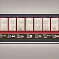 Exhibition Display Shelf Featuring Glass Cases Red Background Exhibits And Information Labels