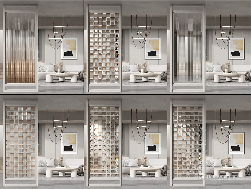 Various Modern Room Partition Designs With Geometric Patterns And Living Room Elements 3d model