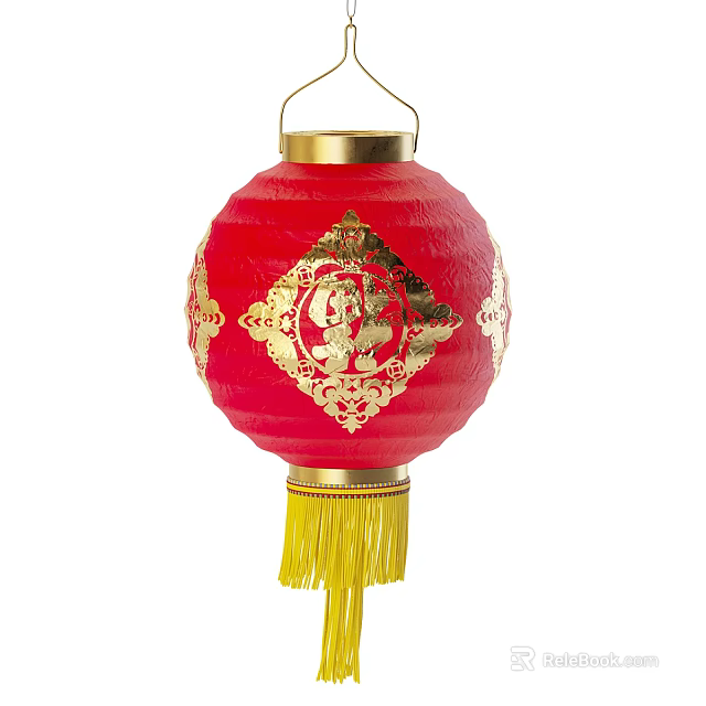 Red Chinese Lantern With Golden Fu Character Decorations And Yellow Tassel 3d model 