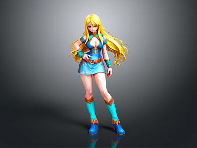 3D Female Character Model With Long Golden Hair Blue Outfit And Boots 3d model