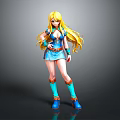 3D Female Character Model With Long Golden Hair Blue Outfit And Boots