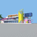 Colorful Beachfront Building With Red White Striped Umbrellas And Palm Trees