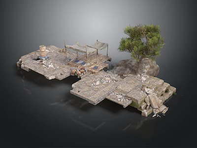 Outdoor Stone Slab Platform Scene With Canopied Structure Tree And Scattered Items 3d model