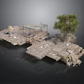 Outdoor Stone Slab Platform Scene With Canopied Structure Tree And Scattered Items