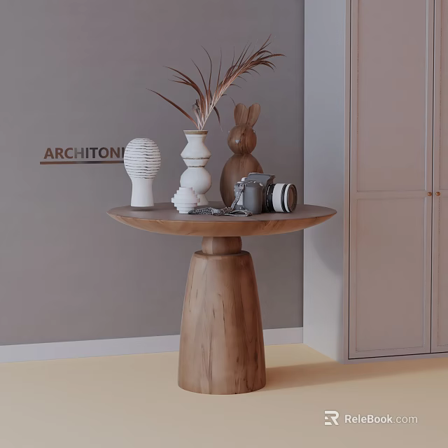 Wooden Side Table With Round Top Cylindrical Base Vase Sculpture Rabbit Figurine Camera 3d model 