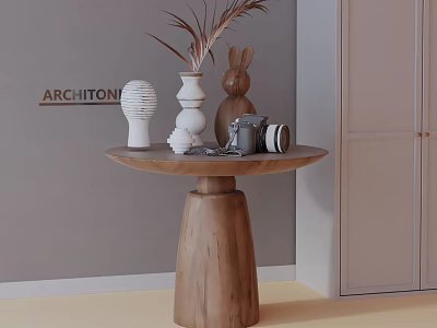 Wooden Side Table With Round Top Cylindrical Base Vase Sculpture Rabbit Figurine Camera 3d model