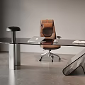 Modern Glass Top Desk And Brown Chair Set With Laptop Lamp And Open Book