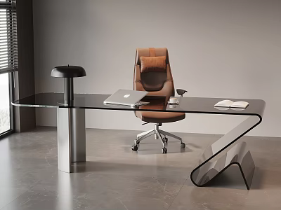 Modern Glass Top Desk And Brown Chair Set With Laptop Lamp And Open Book 3d model