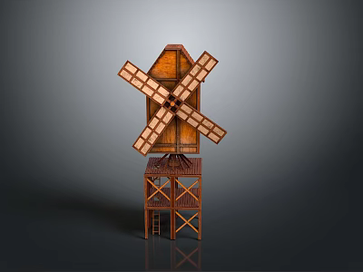 Wooden Windmill Model With Rotating Blades And Tower Base Structure 3d model