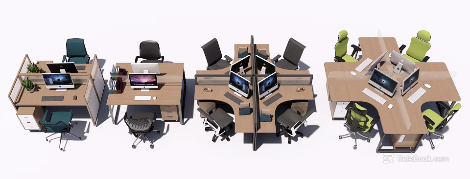 Functional Office Desks With Ergonomic Chairs Computers And Partition Layout 3d model