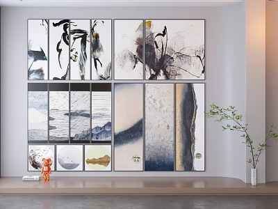 Abstract Wall Art Display With Multiple Panels And Decorative Plants In Modern Interior 3d model