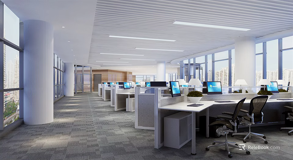 Modern Public Office Space With Cubicles Desks Computers Bright Lighting And Large Windows 3d model